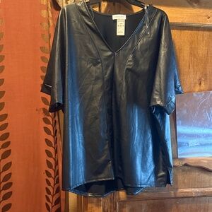First Love Black Faux Leather V-Neck Blouse